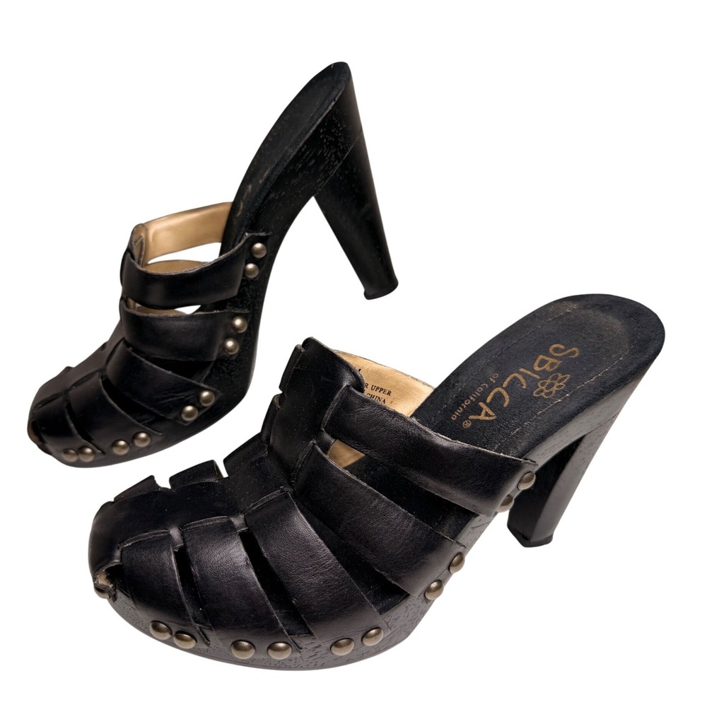 Sbicca Black Leather Caged Studded Platform Clogs Mules Heels Womens 7M Festival